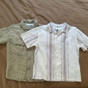 2 Kids Zara button down shirts, short sleeve, embroidered, tan linen blend, 5/6